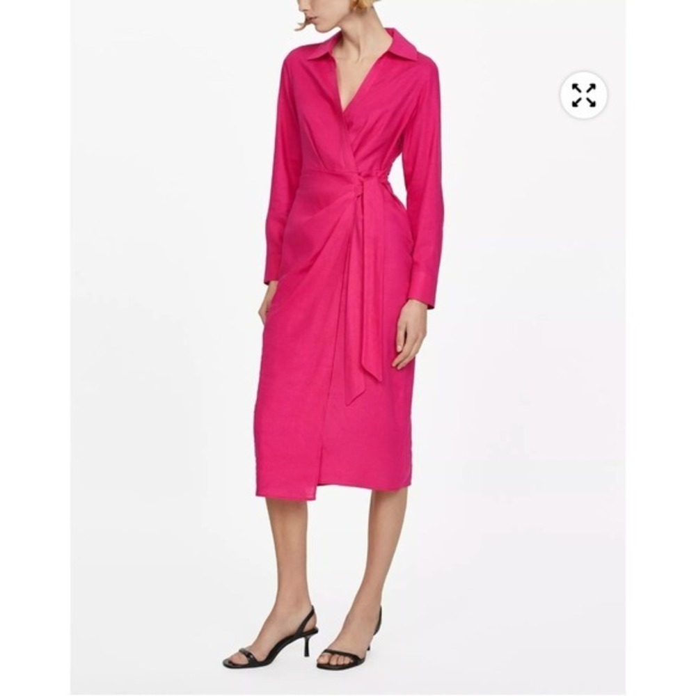 MANGO Bow Shirt Dress Fuchsia Pink Linen Blend Wrap Effect Midi Cocktail Work 8